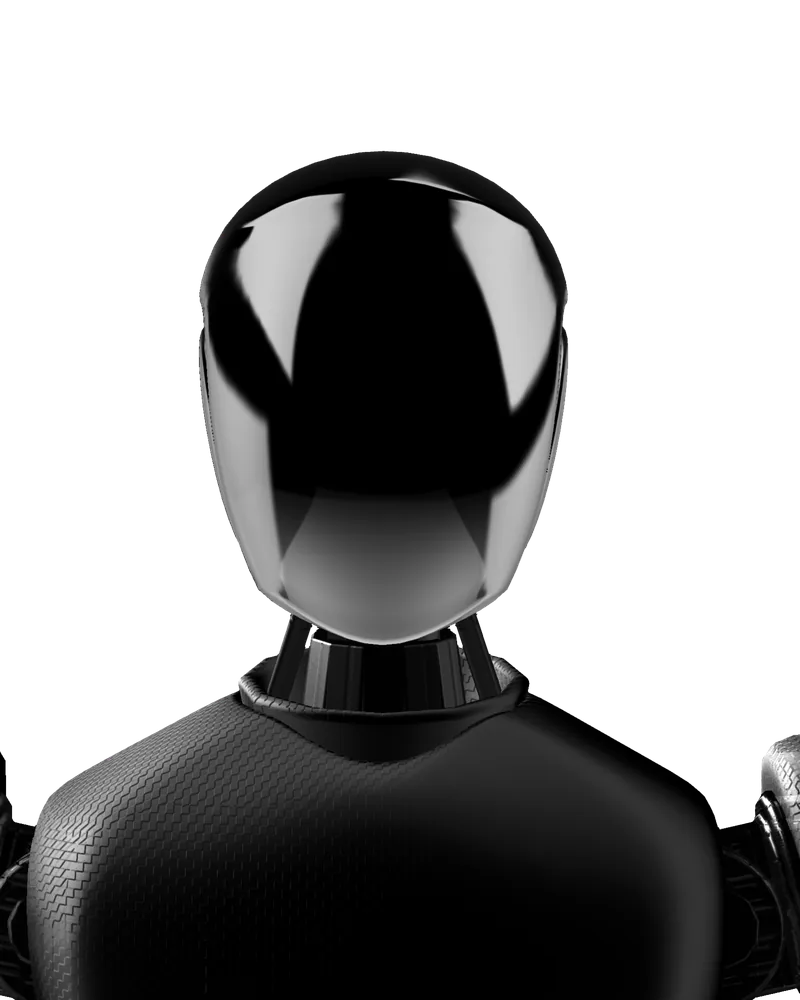 Robot humanoïde noir et brillant, en veille, les yeux éteints